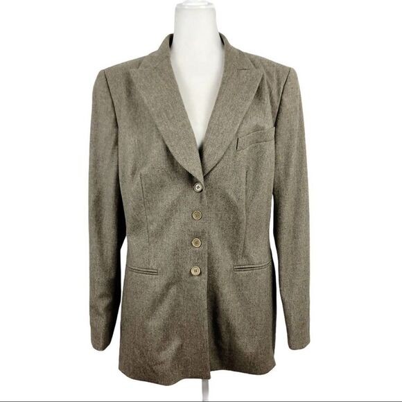 Rena Lange Virgin Wool Long Blazer Brown Single Breasted Size 16 Classic Career